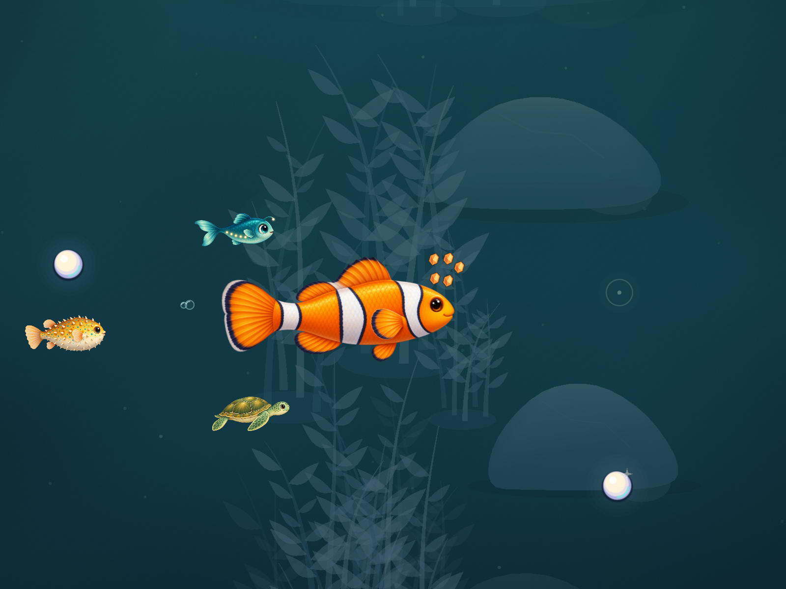 A clownfish swimming through Lagoon Shelf with a lanternfish, pufferfish and sea turtle among kelp and pearls