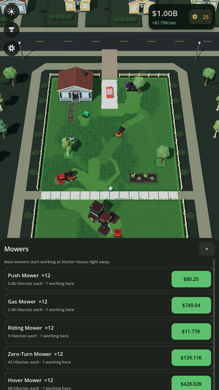 A crew of mowers cutting green trails through a suburban lawn